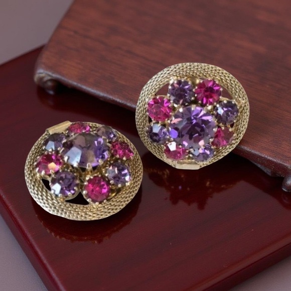 Weiss Mesh Purple Pink Rhinestone Bracelet  & Earrings, 1950s Vintage Jewelry - Picture 7 of 12